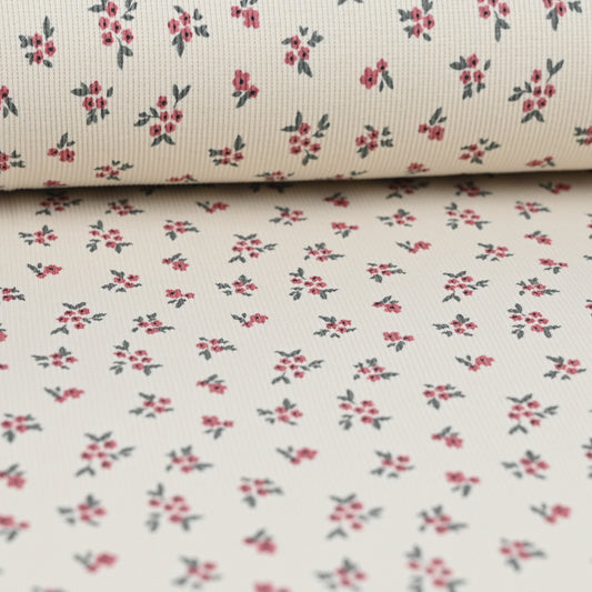 Rib Jersey hellbeige mit rosa Blumen
