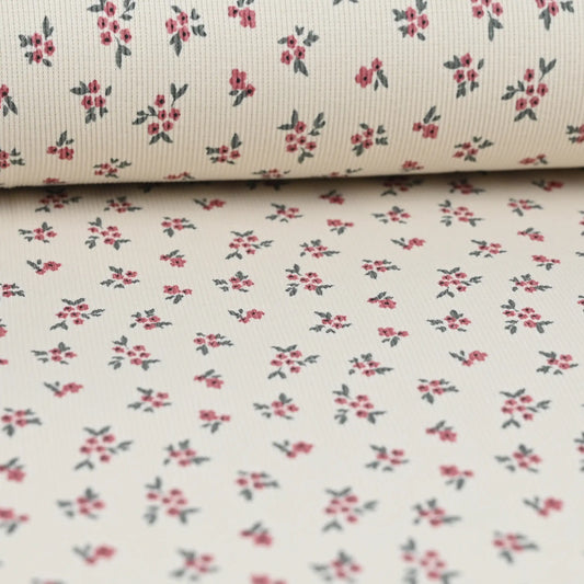 Rib Jersey hellbeige mit rosa Blumen