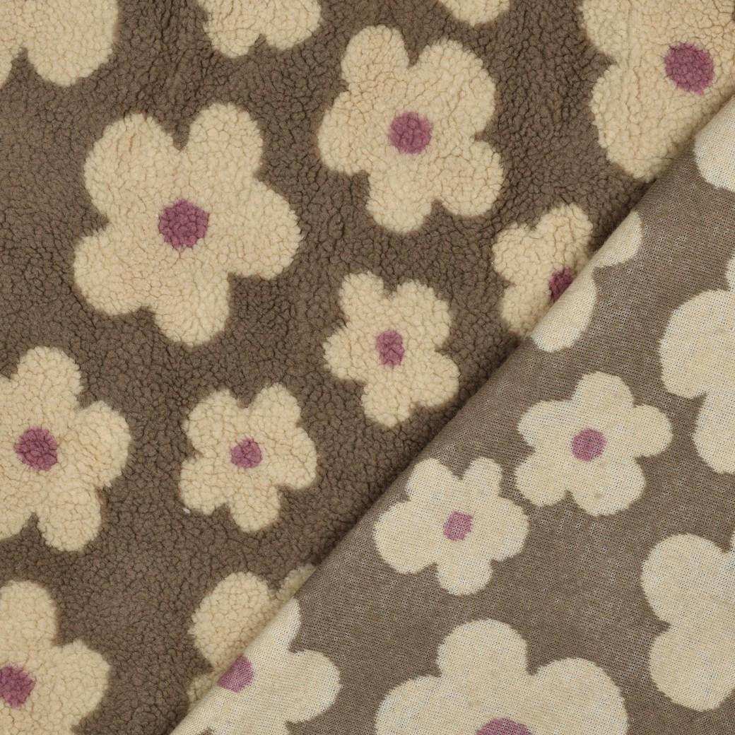 Teddy Stoff Blumen taupe-beige - Teddy Plüsch Meterware mit Blumenprint- ideal für Jacken und Winterwesten - Stoff bei elli&else