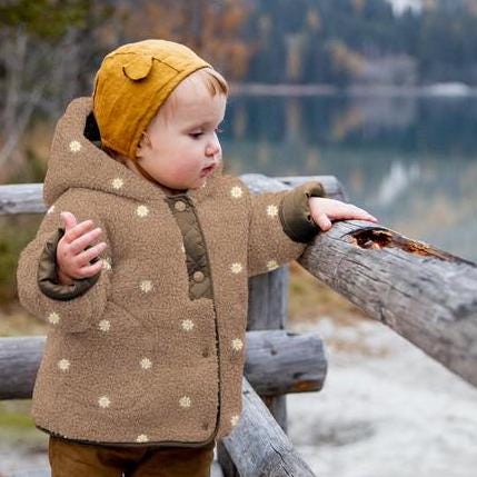 Teddy Stoff taupe mit gestickten Blumen Meterware - elli&else