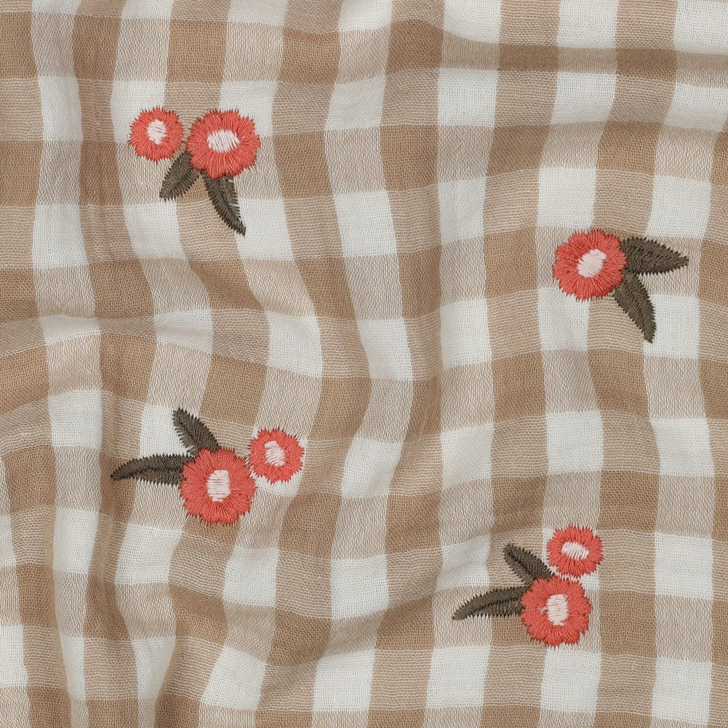 Musselin kariert mit Blumen - beige