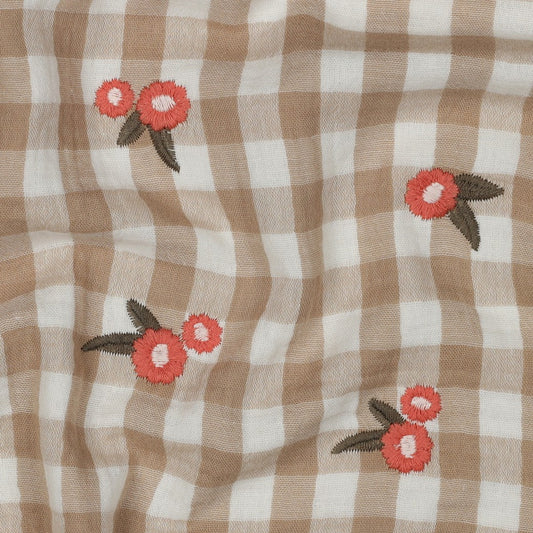 Musselin kariert mit Blumen - beige