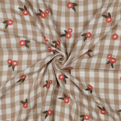 Musselin kariert mit Blumen - beige