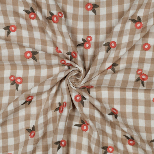 Musselin kariert mit Blumen - beige