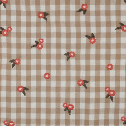 Musselin kariert mit Blumen - beige