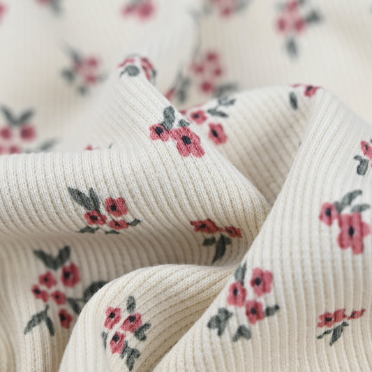 Rib Jersey hellbeige mit rosa Blumen