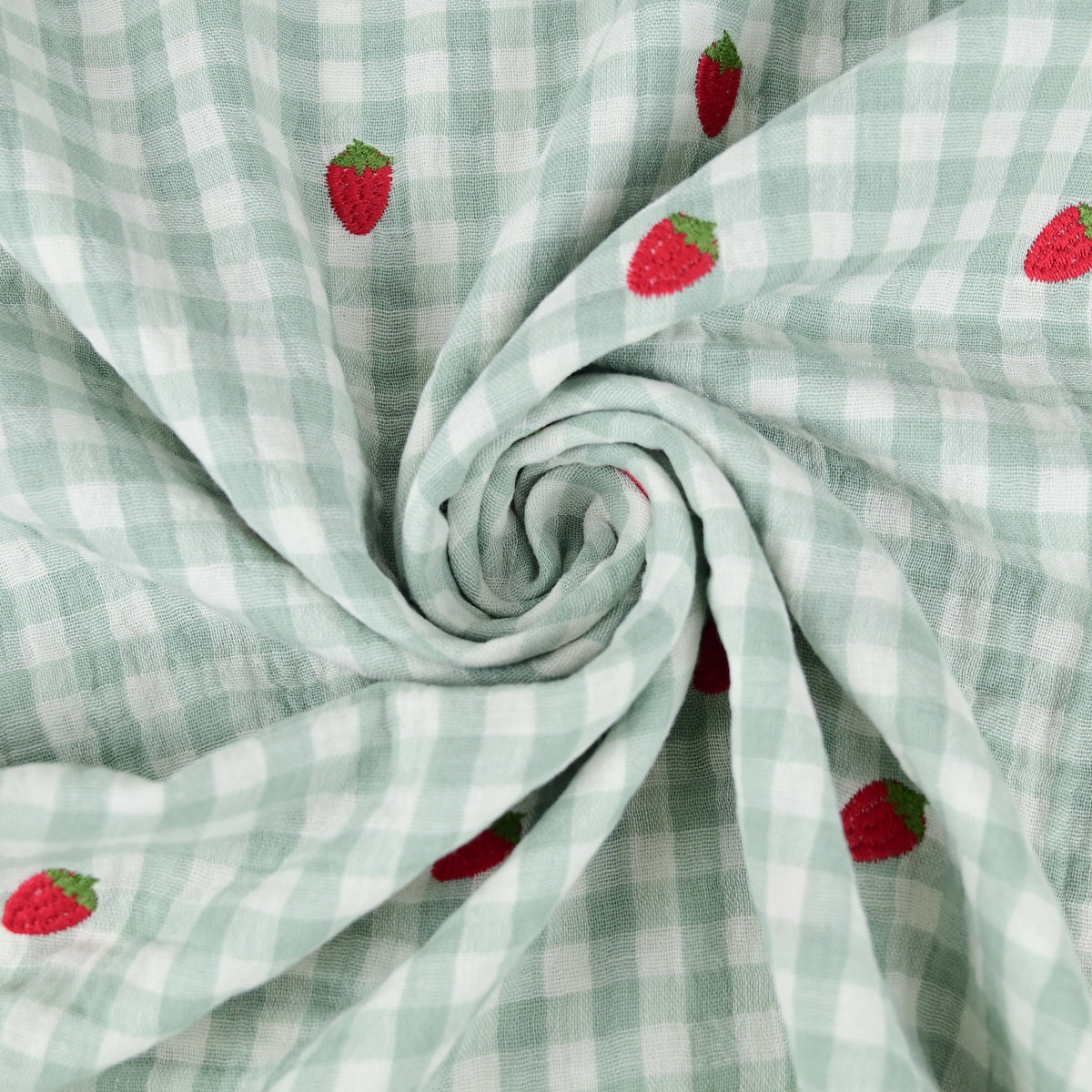 Musselin kariert mit gestickten Erdbeeren