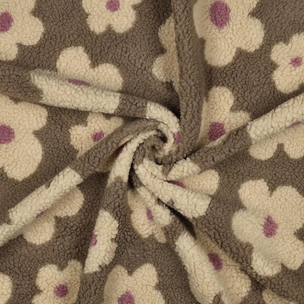 Teddy Stoff Blumen taupe-beige - Teddy Plüsch Meterware mit Blumenprint- ideal für Jacken und Winterwesten - Stoff bei elli&else