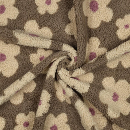 Teddy Stoff Blumen taupe-beige - Teddy Plüsch Meterware mit Blumenprint- ideal für Jacken und Winterwesten - Stoff bei elli&else