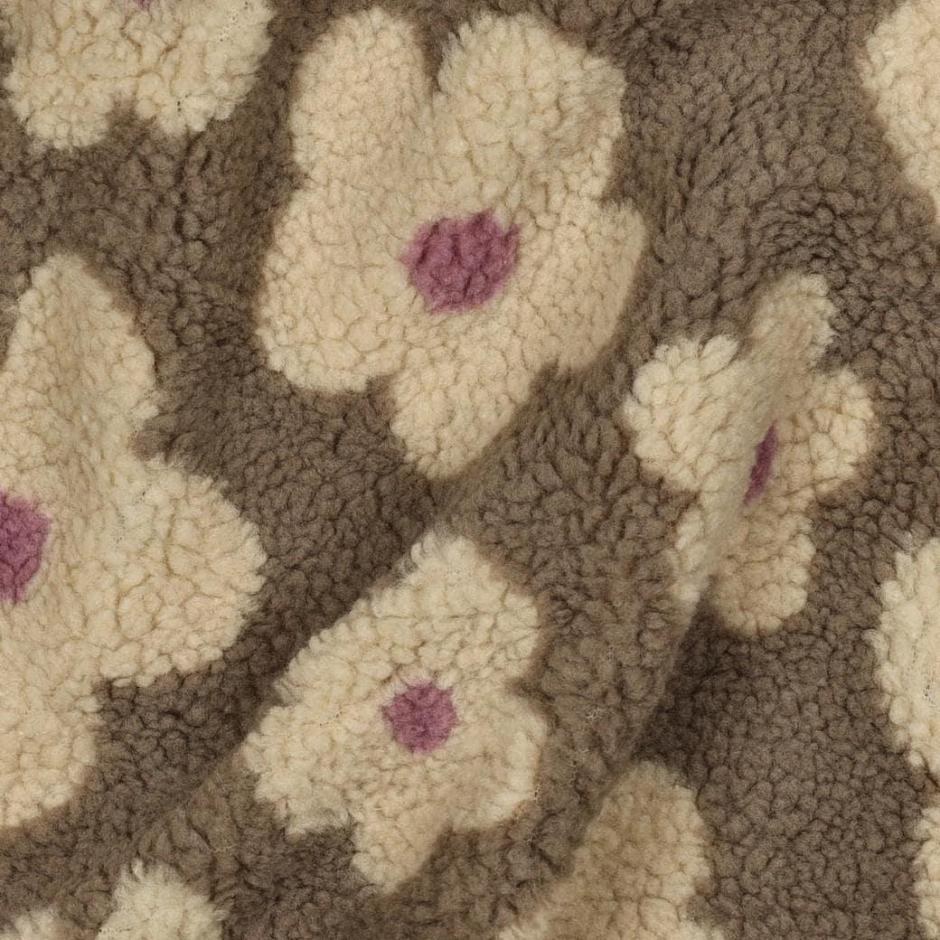 Teddy Stoff Blumen taupe-beige - Teddy Plüsch Meterware mit Blumenprint- ideal für Jacken und Winterwesten - Stoff bei elli&else