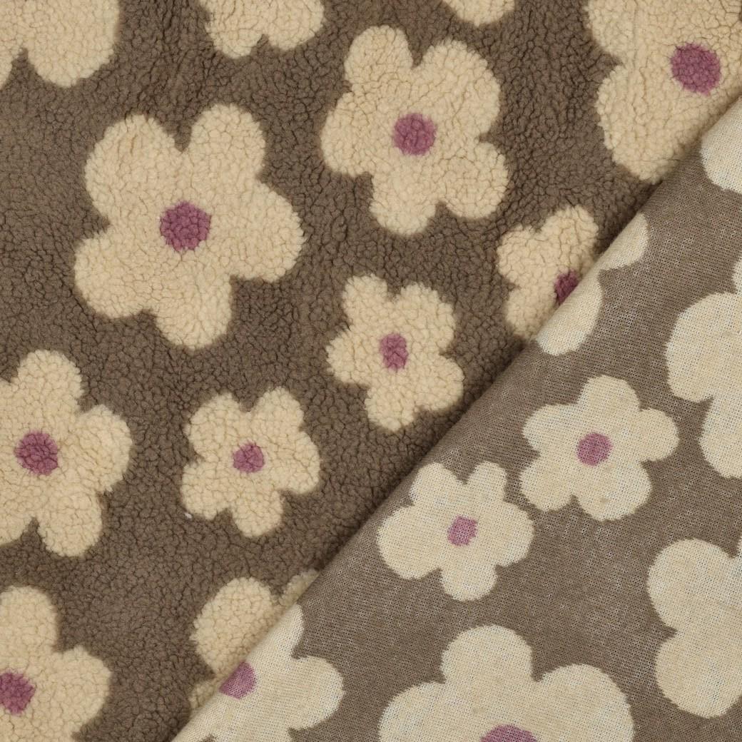 Teddy Stoff Blumen taupe-beige - Teddy Plüsch Meterware mit Blumenprint- ideal für Jacken und Winterwesten - Stoff bei elli&else