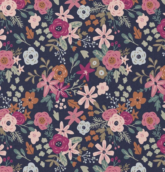 Popeline marine mit bunten Blumen