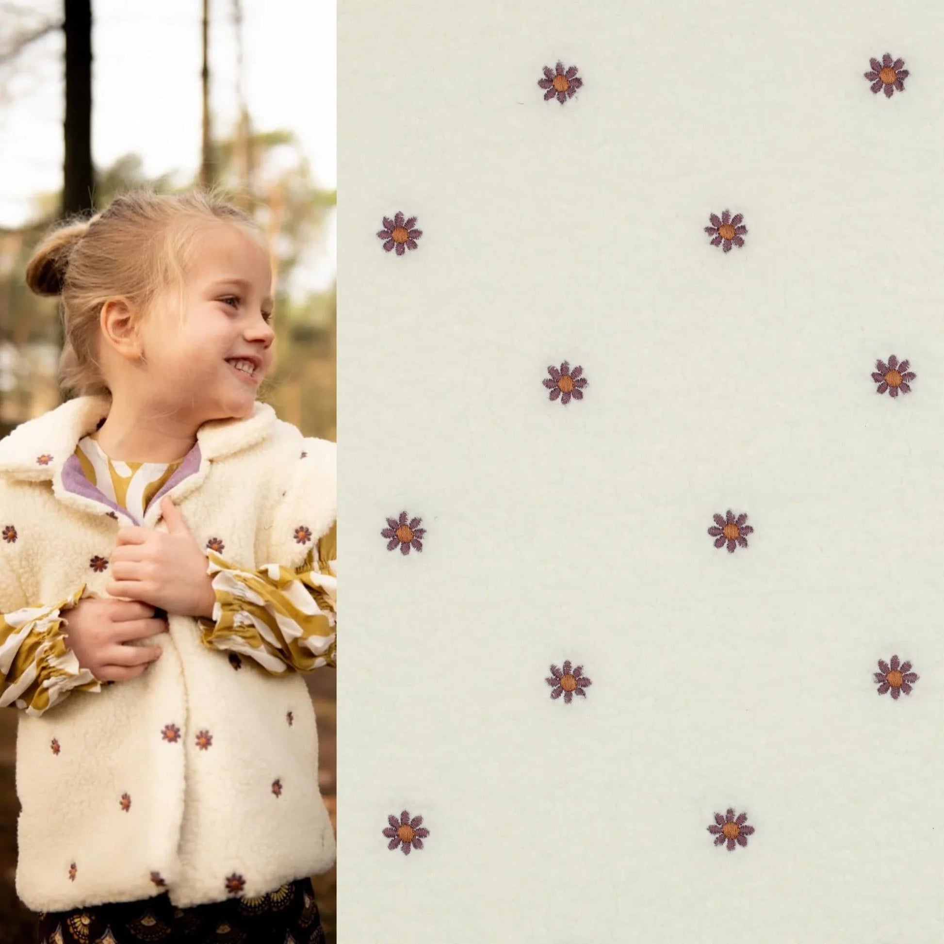 Teddy Stoff ecru mit gestickten Blumen Meterware - elli&else