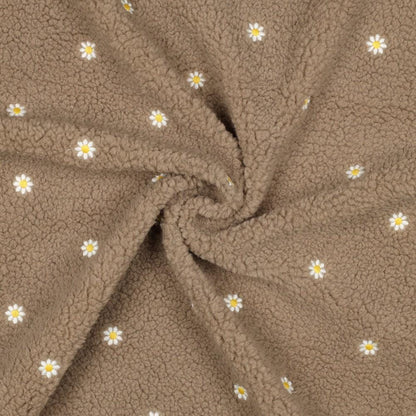 Teddy Stoff taupe mit gestickten Blumen Meterware - elli&else