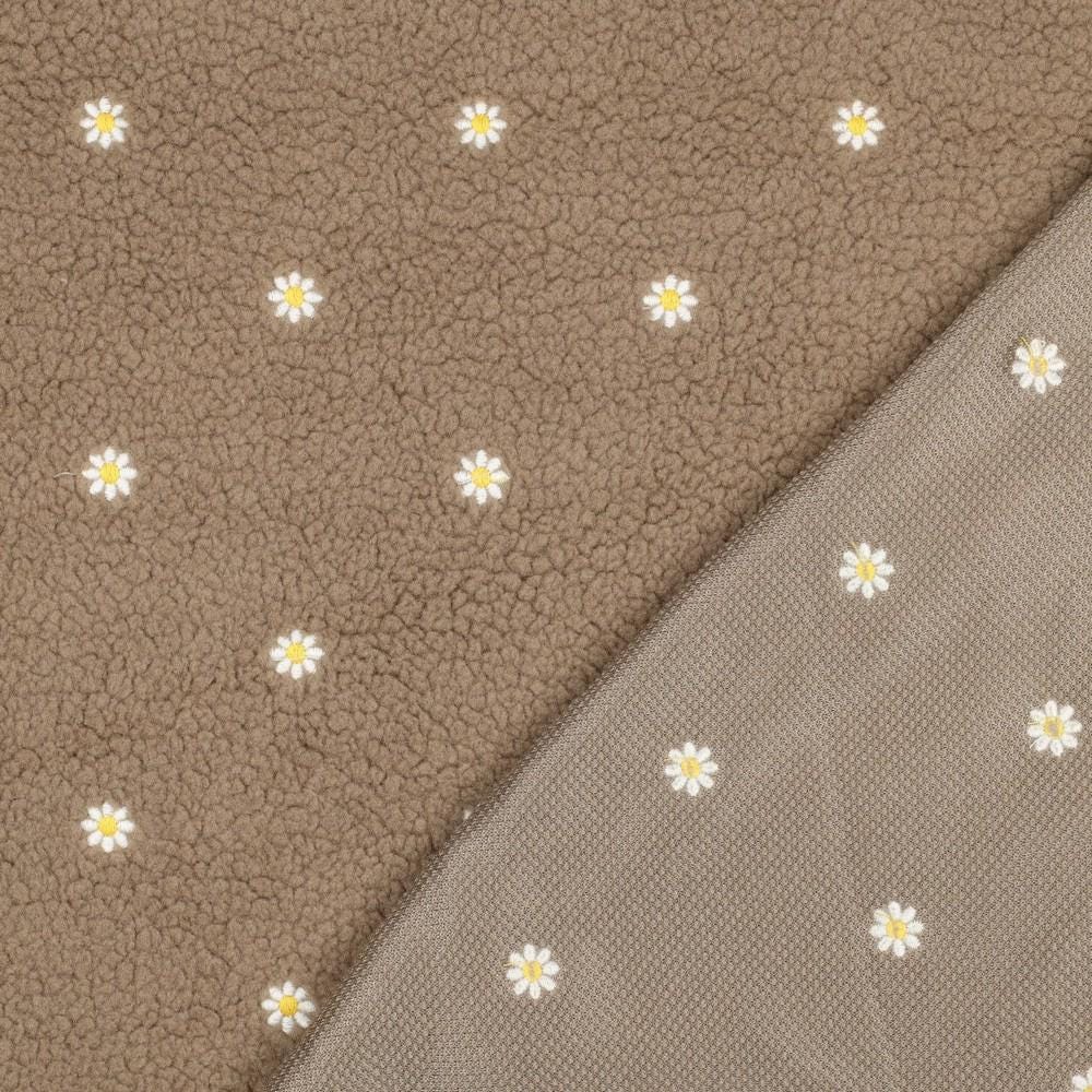 Teddy Stoff taupe mit gestickten Blumen Meterware - elli&else